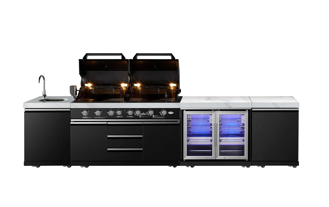 Element Twin Hood 8 Burner Outdoor BBQ Kitchen: High Grade 304 SS + White Stone 3.7 | 2DR Fridge + Sink + Wok Burner