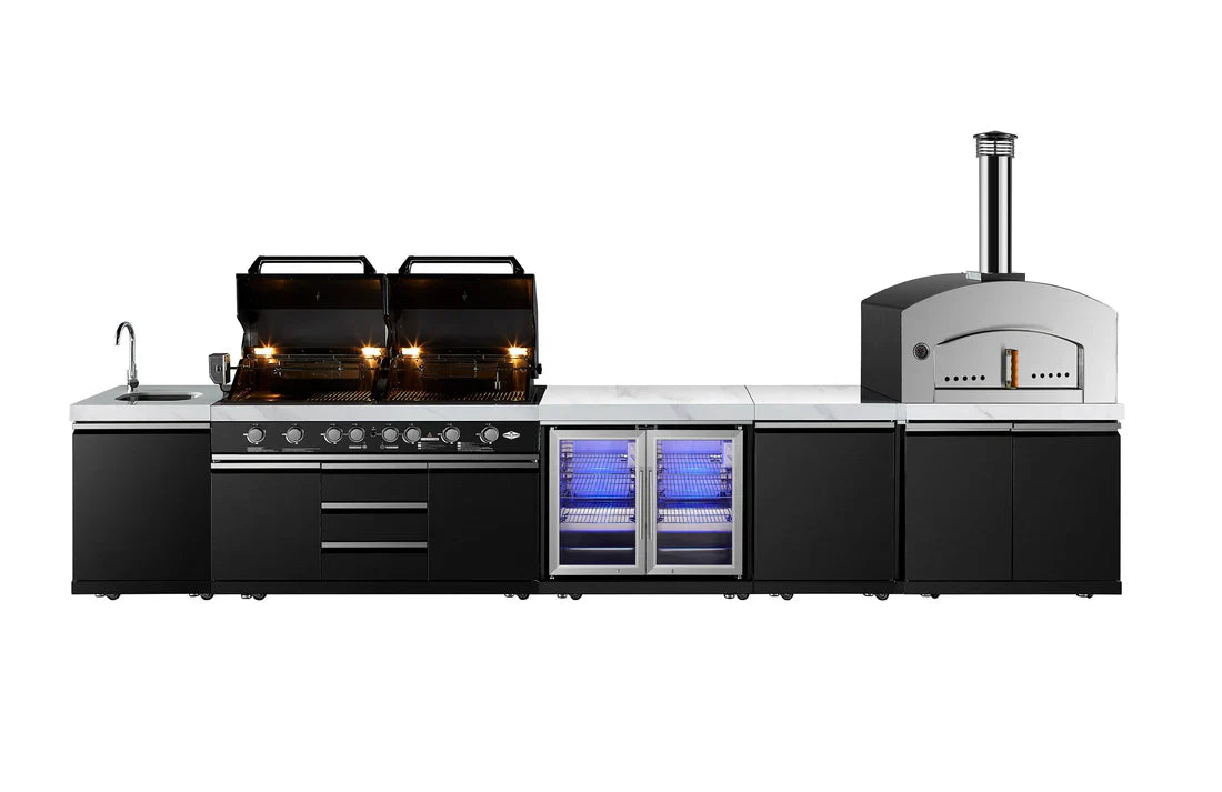 Element Twin Hood 8 Burner Outdoor BBQ Kitchen: High Grade 304 SS + White Stone 3.7 | 2DR Fridge + Sink + Wok Burner