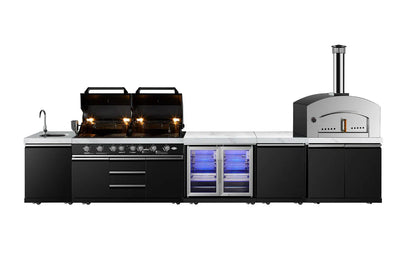 test rey 1 Element Twin Hood 8 Burner Outdoor BBQ Kitchen: High Grade 304 SS + White Stone 3.7 | 2DR Fridge + Sink + Wok Burner