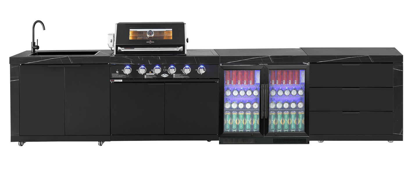 Rockpool Black 4B + Wok: Designer Outdoor BBQ Kitchen Package Inc Fridge, Sink, Rear Infrared