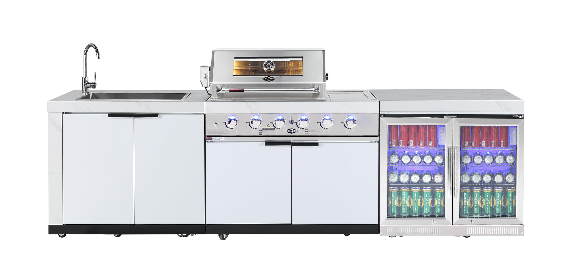 Rockpool White 4B + Wok: Designer Outdoor BBQ Kitchen Package Inc 2DR Fridge, 2DR Sink, 3 Draw Storage, Rear Infrared