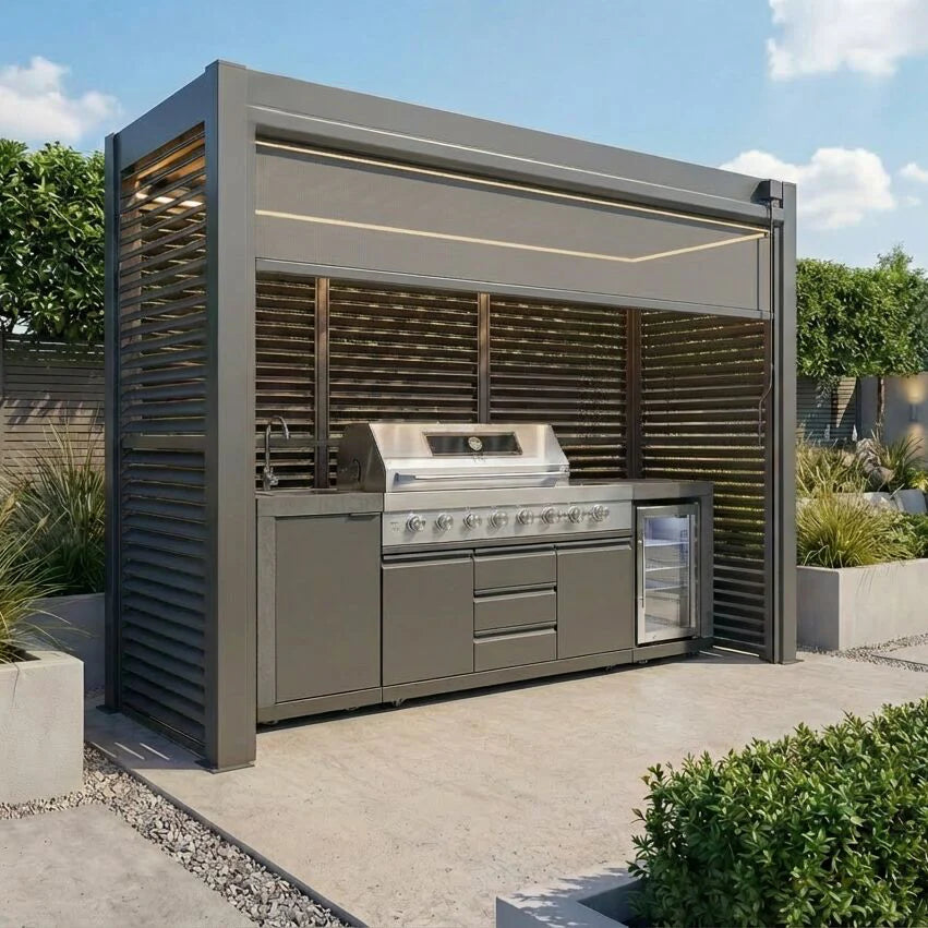Grill King Outdoor BBQ Shelter Package – 6 Burner Charcoal BBQ Kitchen, Fridge & Sink + Freestanding Aluminium Louver Roof with LED Lighting & Privacy Blind
