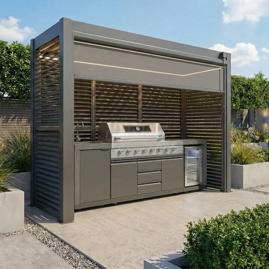 Grill King Outdoor BBQ Shelter Package – 6 Burner Charcoal BBQ Kitchen, Fridge & Sink + Freestanding Aluminium Louver Roof with LED Lighting & Privacy Blind