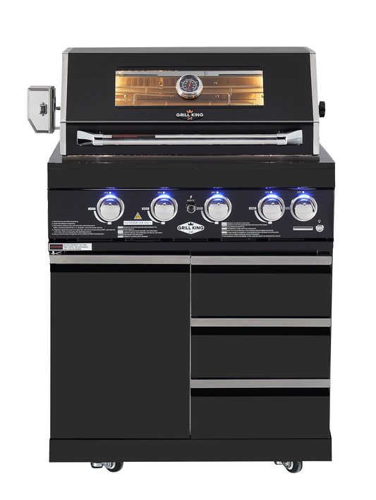 Kingsley 4 Burner Non Wok Black Stainless Steel BBQ Kitchen Package Inc 2x Storage Cupboards, Rotisserie & Covers