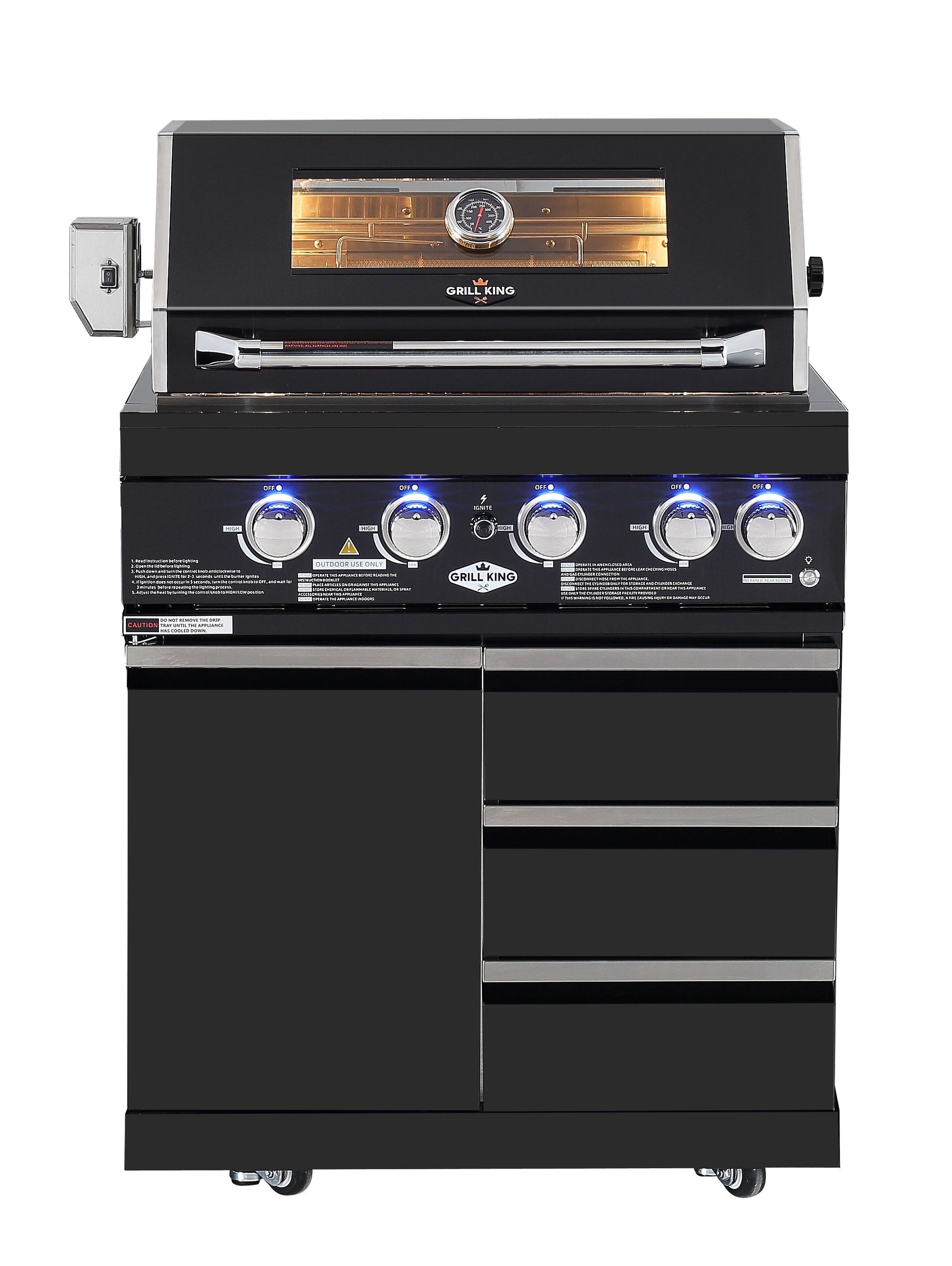 Kingsley 4 Burner Non Wok Black Stainless Steel BBQ Package Inc Pizza Oven, 2DR Fridge, 2DR Sink