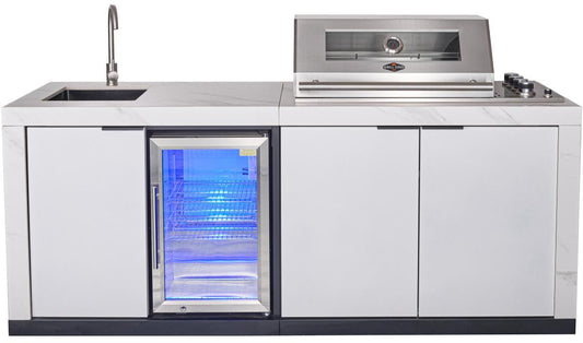 Compact Series Rockpool White 4B BBQ Kitchen Package with Stone Benchtops, Hampton Waterfall Design