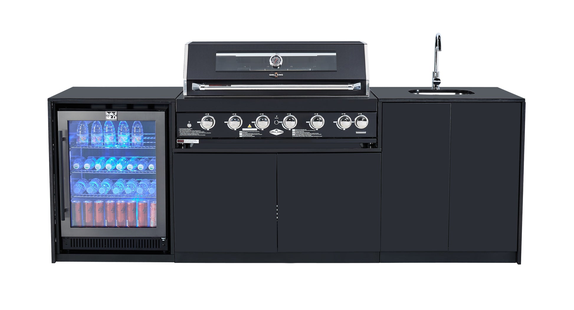 Grill King Signature Series 6 Burner Outdoor BBQ Kitchen Package – Black Stone Benchtop, Black Aluminium Cabinets, Built-In BBQ + Rotisserie