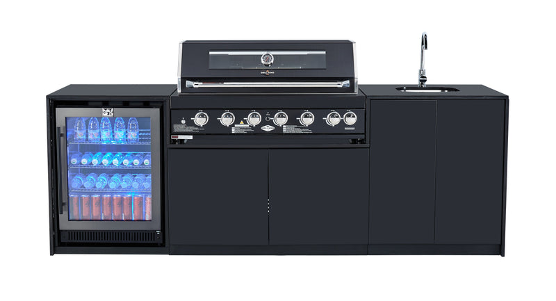 Grill King Signature Series 6 Burner Outdoor BBQ Kitchen Package – Black Stone Benchtop, Black Aluminium Cabinets, Built-In BBQ + Rotisserie