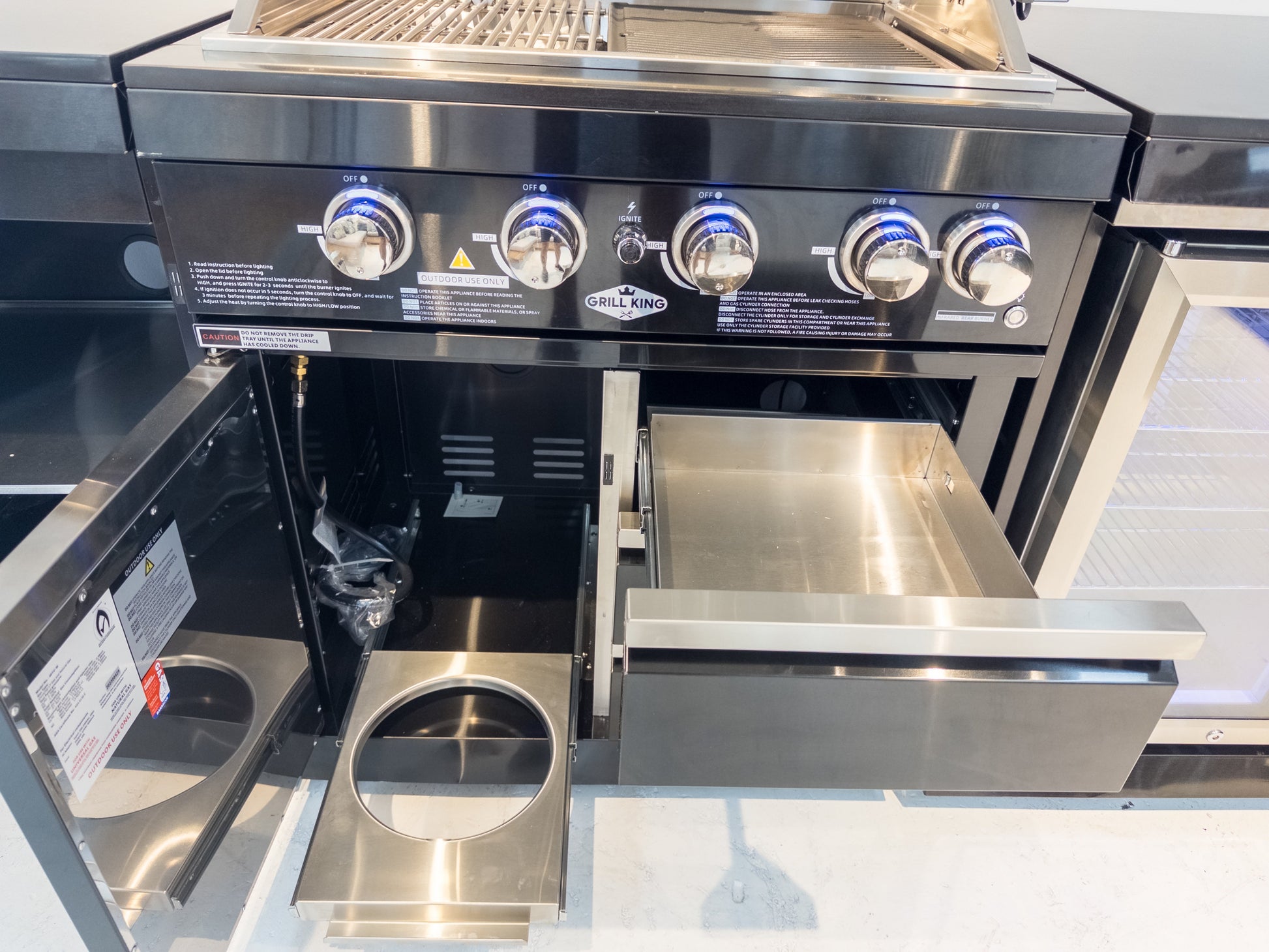 Kingsley 4 Burner Black 304 SS BBQ Kitchen + 2DR Fridge & 1DR Cupboard