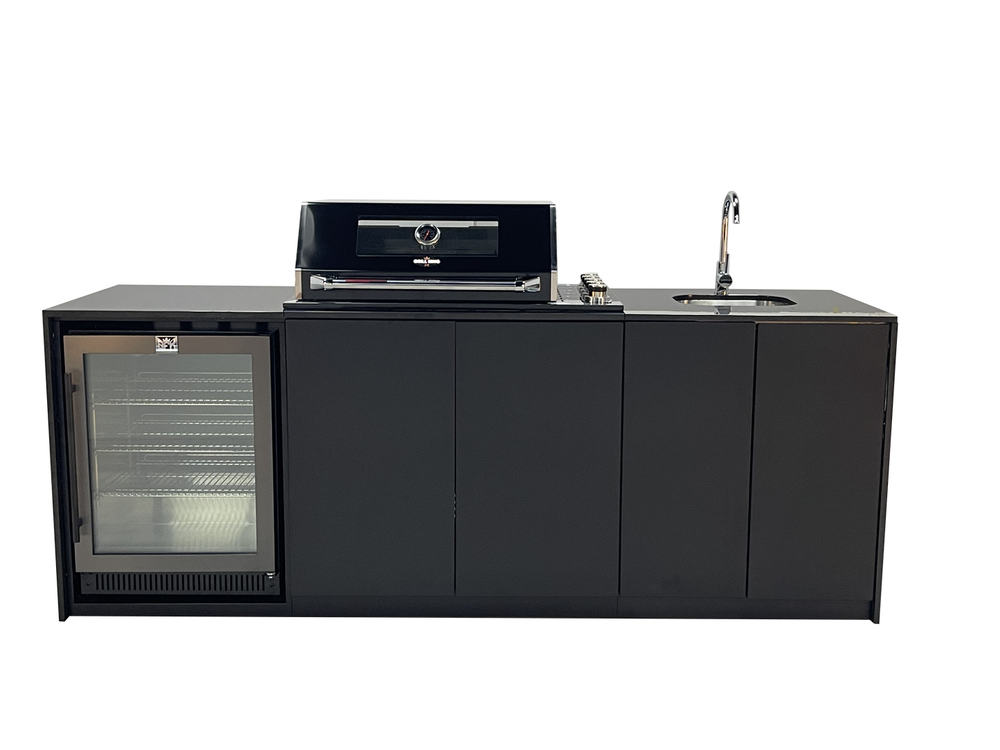 Grill King Signature Series 6 Burner Outdoor BBQ Kitchen Package – Black Stone Benchtop, Black Aluminium Cabinets, Built-In BBQ + Rotisserie