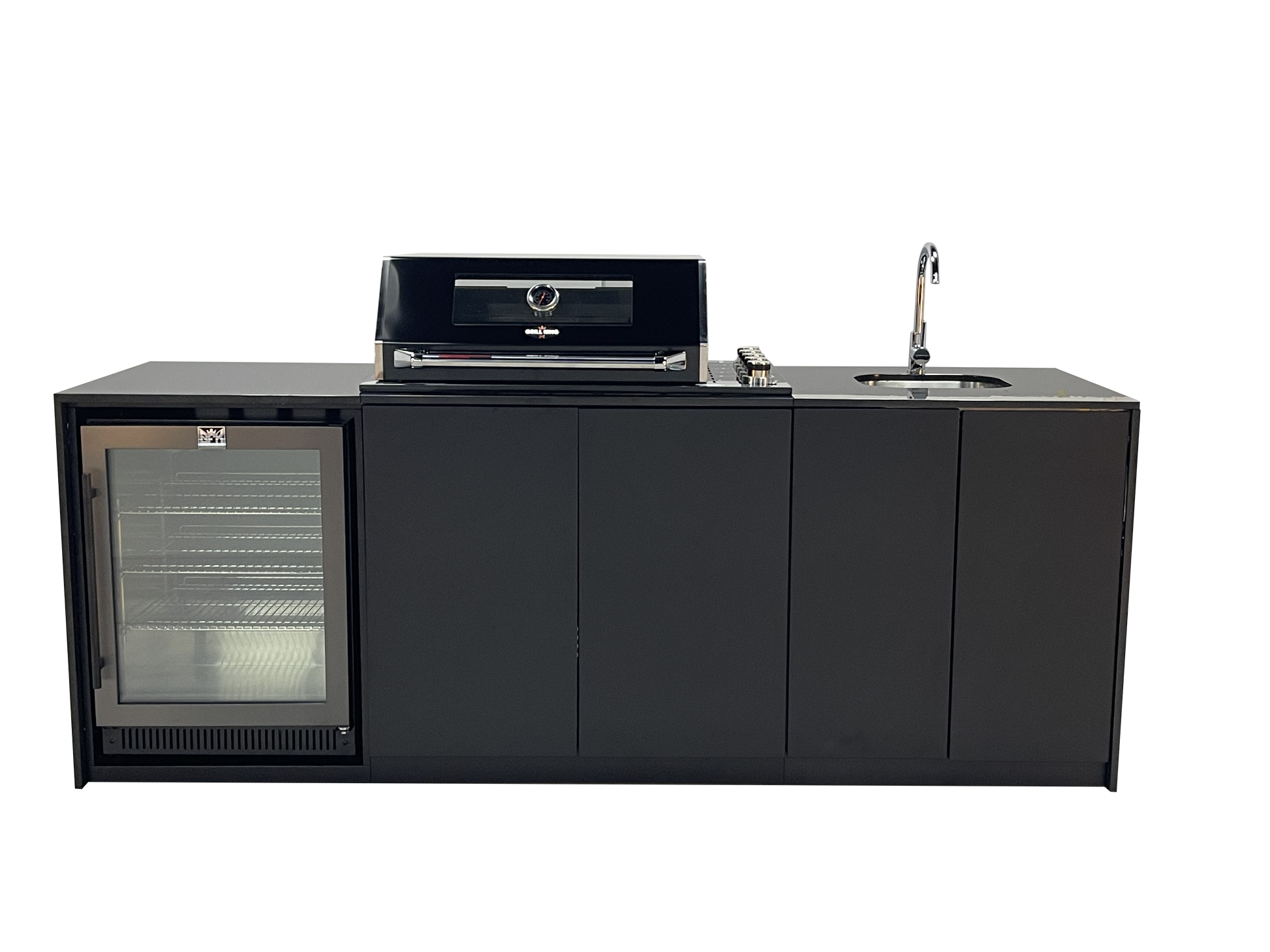 Grill King Signature Series 6 Burner Outdoor BBQ Kitchen Package – Black Stone Benchtop, Black Aluminium Cabinets, Built-In BBQ + Rotisserie