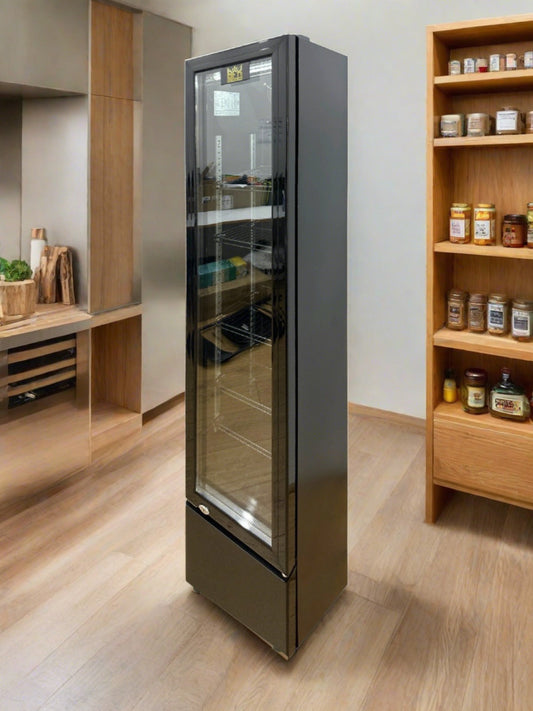 Tropical Rated Triple Glazed 115L Commercial Skinny Upright Bar Fridge - Single Door, Black Stainless Steel, LED Lighting for Wine & Beverages