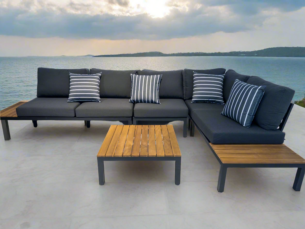 Outdoor Havana Package In Black - Outdoor Aluminum & Acacia Modular Corner Lounge Black Aluminium with Black Fabric