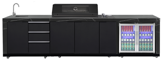 Rockpool Black 6B Drop In Raised Hood BBQ Kitchen Inc 3 Draws, Castors, Weather Resistant & Stone Benchtops