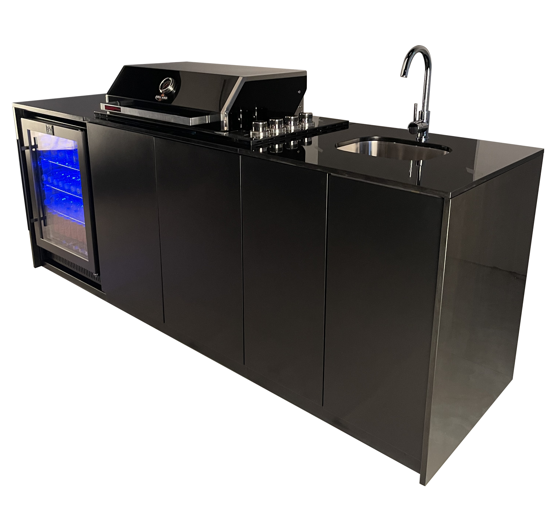 Grill King Signature Series 6 Burner Outdoor BBQ Kitchen Package – Black Stone Benchtop, Black Aluminium Cabinets, Built-In BBQ + Rotisserie