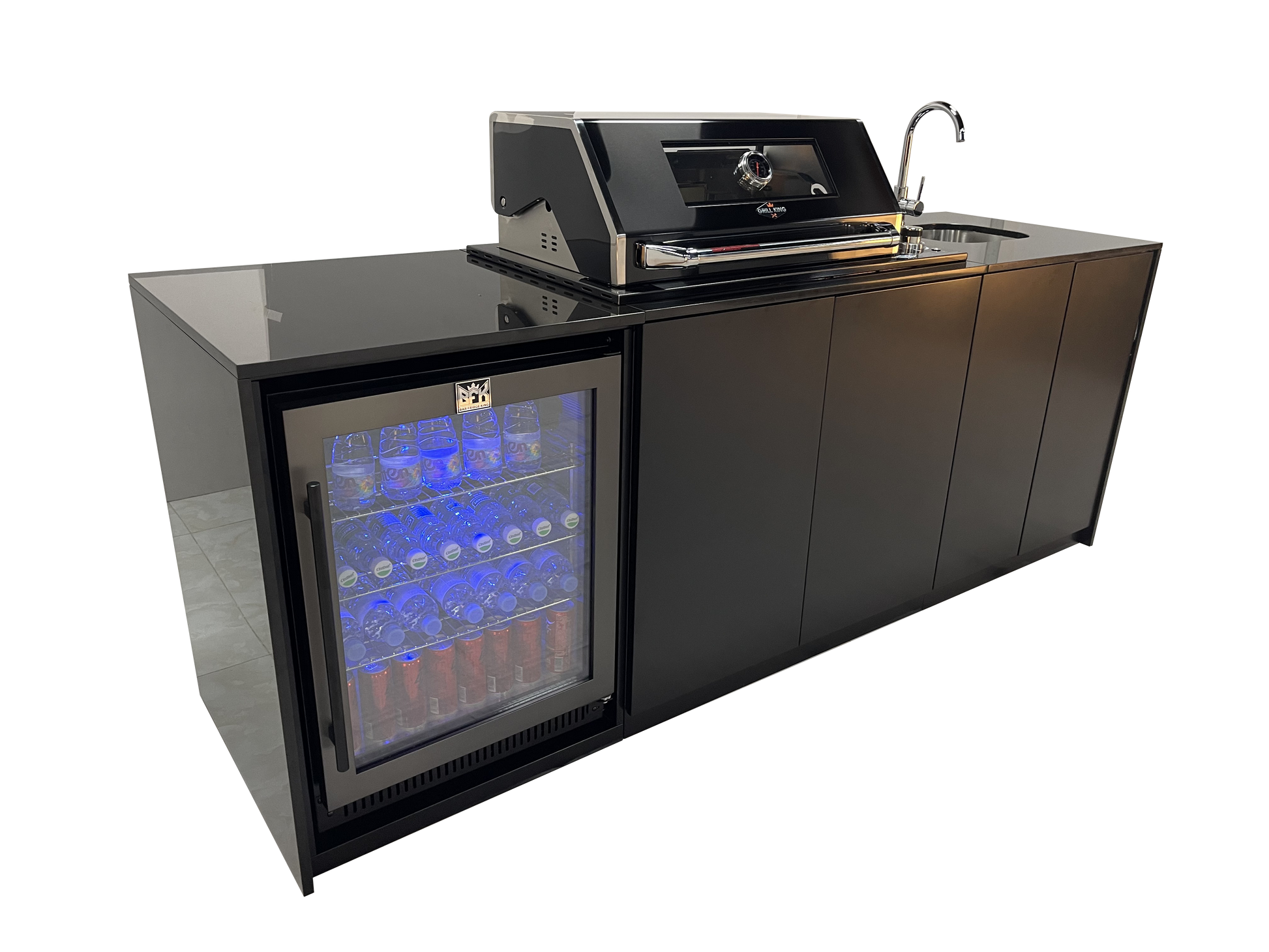 Grill King Signature Series 6 Burner Outdoor BBQ Kitchen Package – Black Stone Benchtop, Black Aluminium Cabinets, Built-In BBQ + Rotisserie
