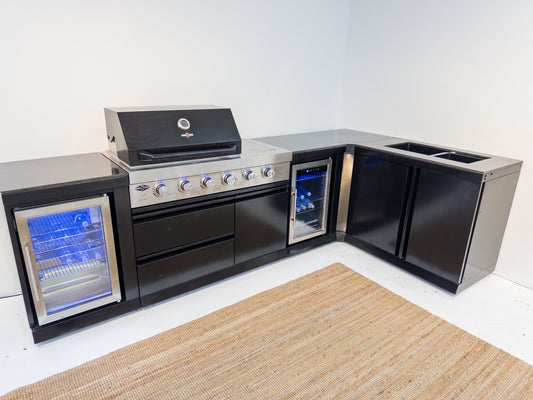 L Shape Black 304SS 4 Burner + Wok BBQ Kitchen Inc Wok & Rear Infrared Burner, Fridge & Sink