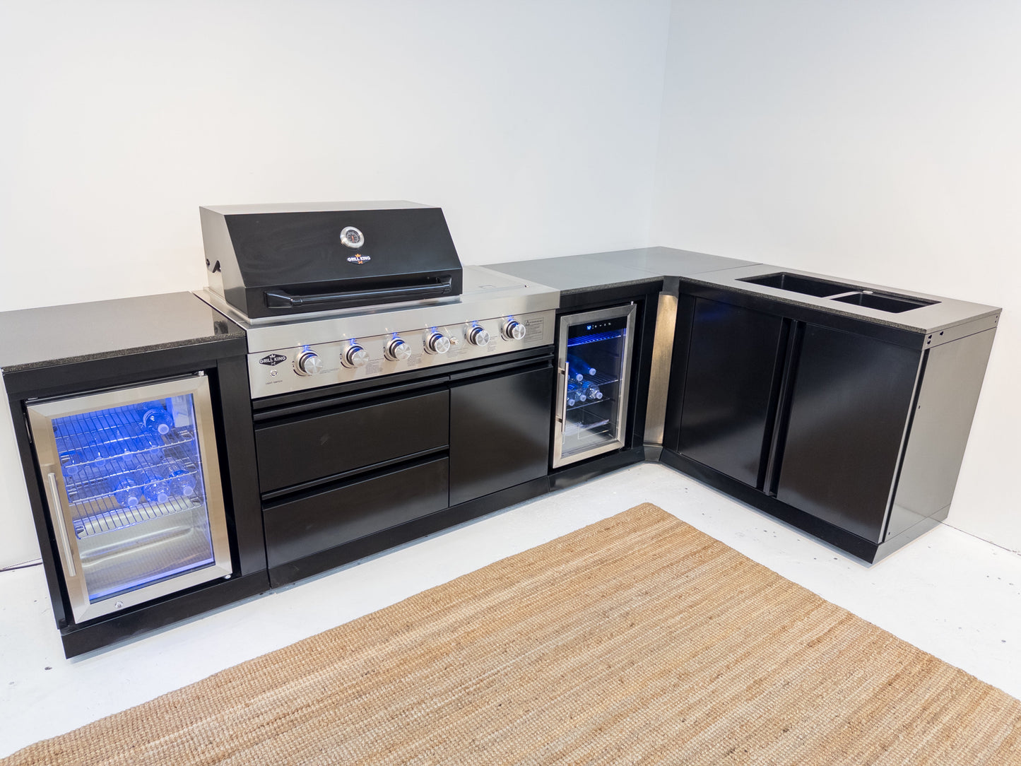 L Shape Black 304SS 4 Burner + Wok BBQ Kitchen Inc Wok & Rear Infrared Burner, Fridge & Sink