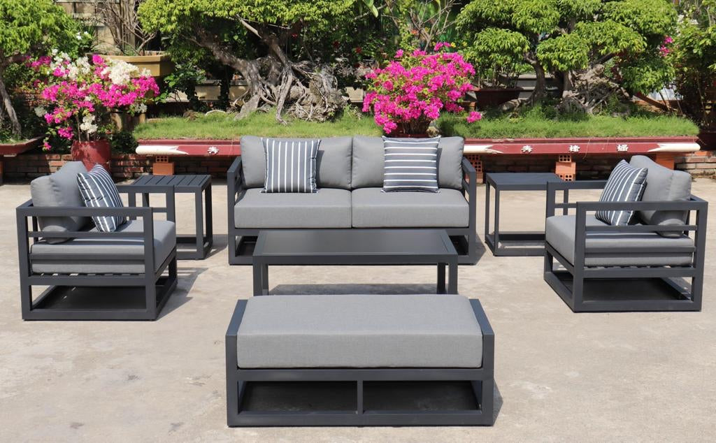 7 Piece Charcoal Aluminium Hampton Style Outdoor Furniture Lounge Set Weather Resistant 3 Seater, 1+1 + Coffee Table & 2x Side tables