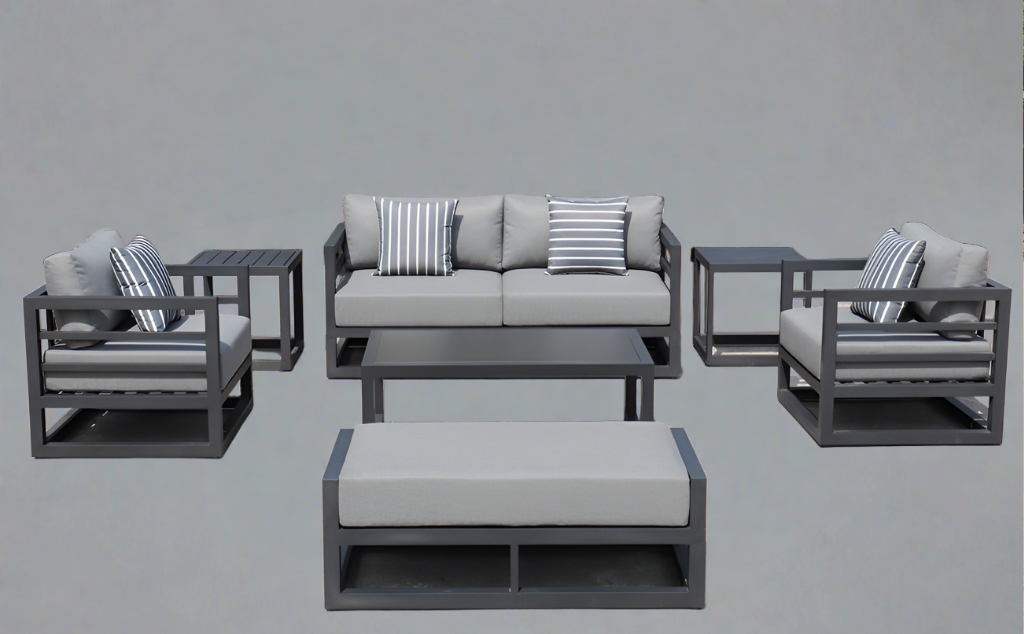 7 Piece Charcoal Aluminium Hampton Style Outdoor Furniture Lounge Set Weather Resistant 3 Seater, 1+1 + Coffee Table & 2x Side tables