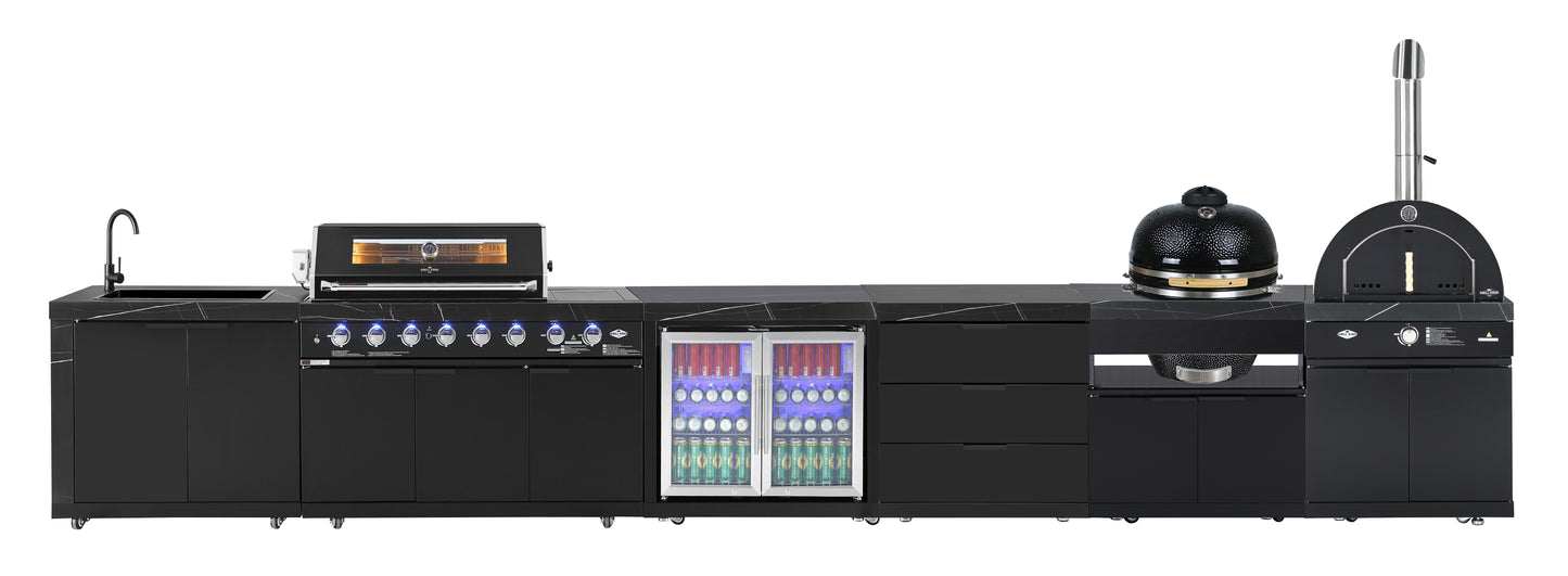 Rockpool Black 4B + Wok: Designer Outdoor BBQ Kitchen Package Inc Fridge, Sink, Rear Infrared