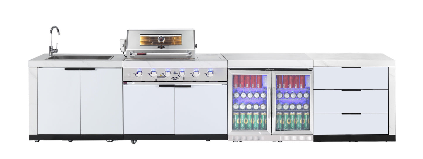 Rockpool White 4B + Wok: Designer Outdoor BBQ Kitchen Package Inc 2DR Fridge, 2DR Sink, 3 Draw Storage, Rear Infrared