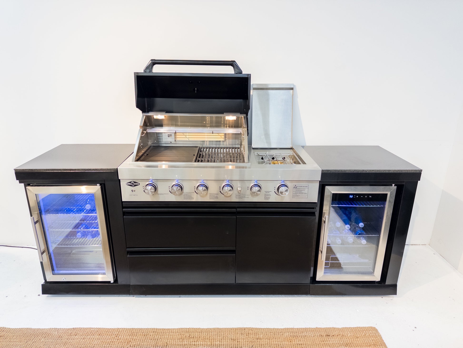 L Shape Black 304SS 4 Burner + Wok BBQ Kitchen Inc Wok & Rear Infrared Burner, Fridge & Sink
