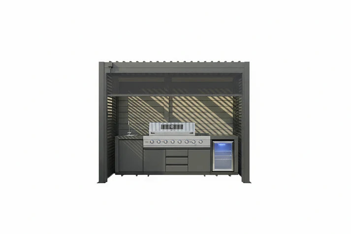 Grill King Outdoor BBQ Shelter Package – 6 Burner Charcoal BBQ Kitchen, Fridge & Sink + Freestanding Aluminium Louver Roof with LED Lighting & Privacy Blind