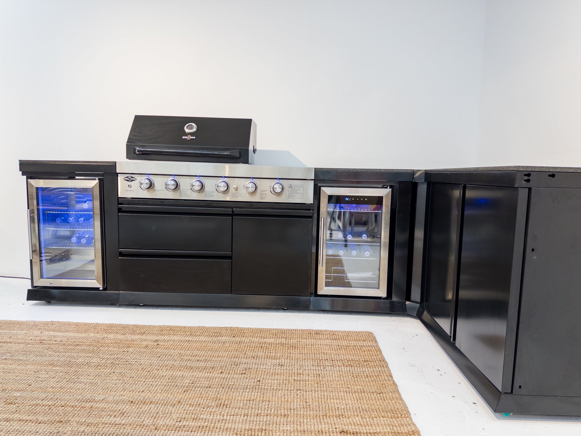 L Shape Black 304SS 4 Burner + Wok BBQ Kitchen Inc Wok & Rear Infrared Burner, Fridge & Sink