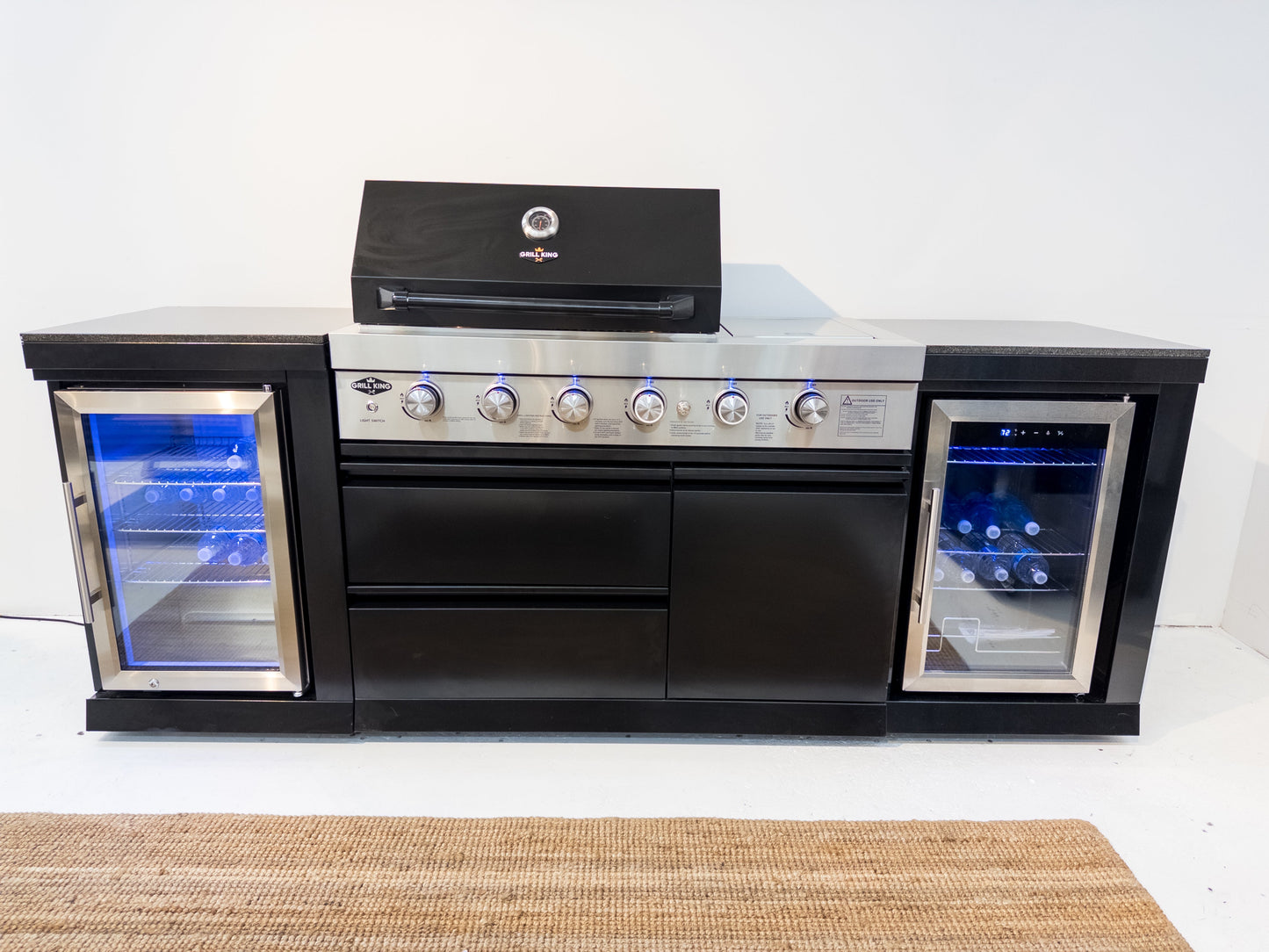 L Shape Black 304SS 4 Burner + Wok BBQ Kitchen Inc Wok & Rear Infrared Burner, Fridge & Sink