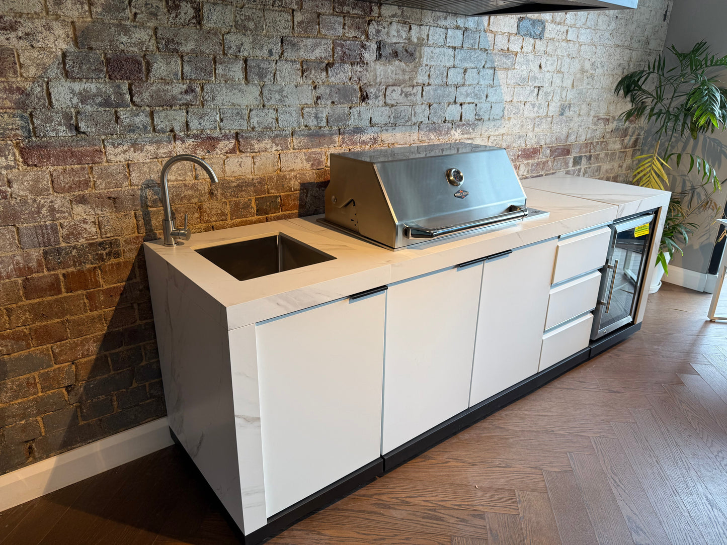 White Stone 4B Drop In BBQ Kitchen Package with Stone Benchtops, Hampton Waterfall Design
