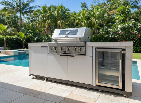 Floor Stock Rockpool White 4B: Designer Outdoor BBQ Kitchen Matt White Stone + White Doors, Fridge & Sink