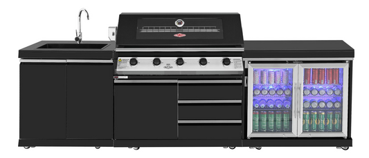 Black Stainless Steel BBQ Kitchen Suits Beef Eater 5 Burner 1200, Fridge And Sink Outdoor BBQ Kitchen Package