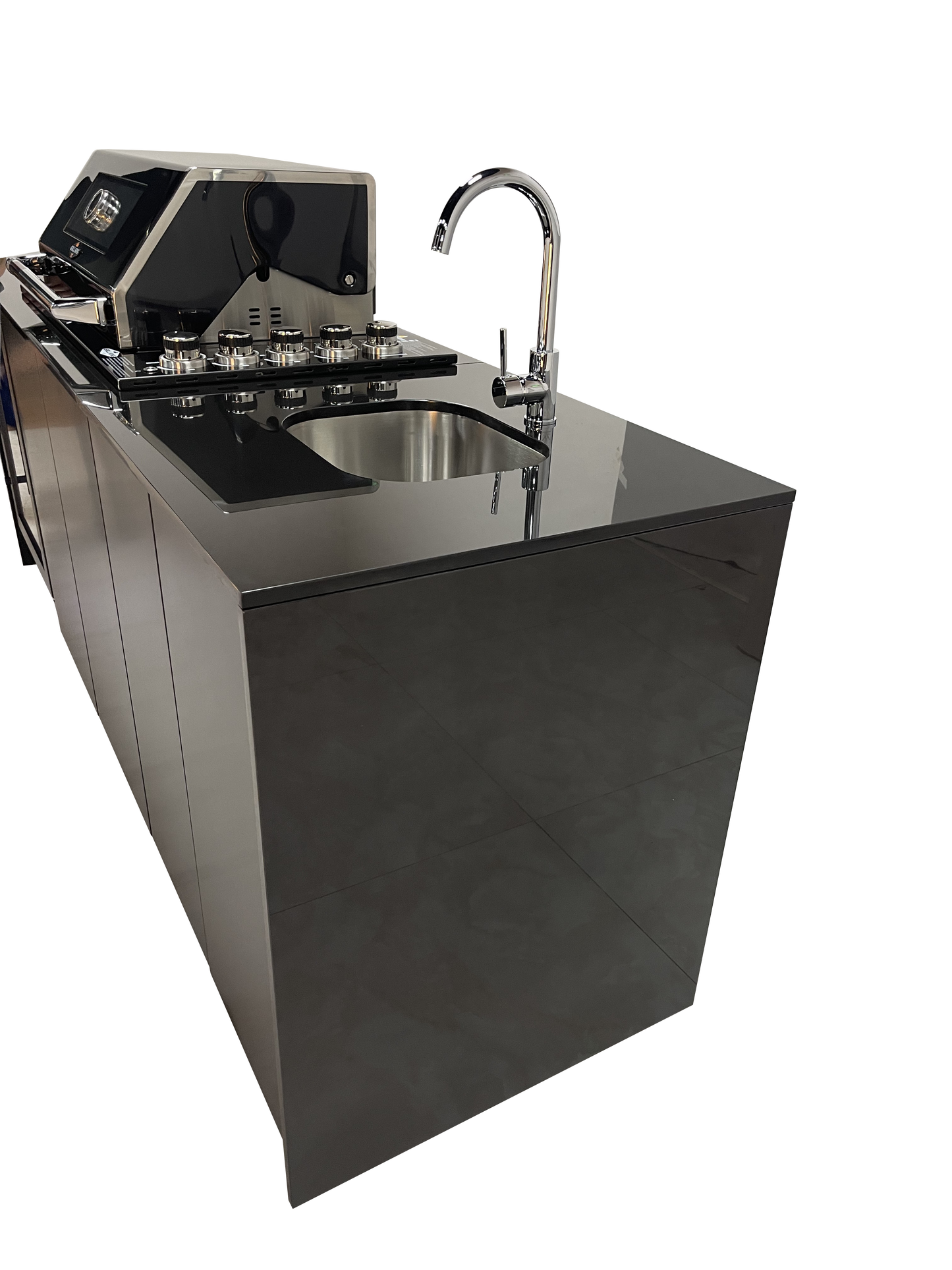 Grill King Signature Series 6 Burner Outdoor BBQ Kitchen Package – Black Stone Benchtop, Black Aluminium Cabinets, Built-In BBQ + Rotisserie