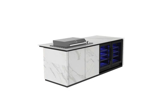 Grill King Bella 4B Drop In | Twin Fridge Alfresco Outdoor BBQ Kitchens Island High Grade White Stone Designer BBQ Inc 2 DR Fridge & BBQ Cover