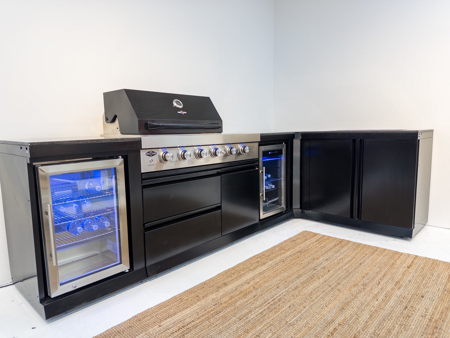 L Shape Black 304SS 4 Burner + Wok BBQ Kitchen Inc Wok & Rear Infrared Burner, Fridge & Sink