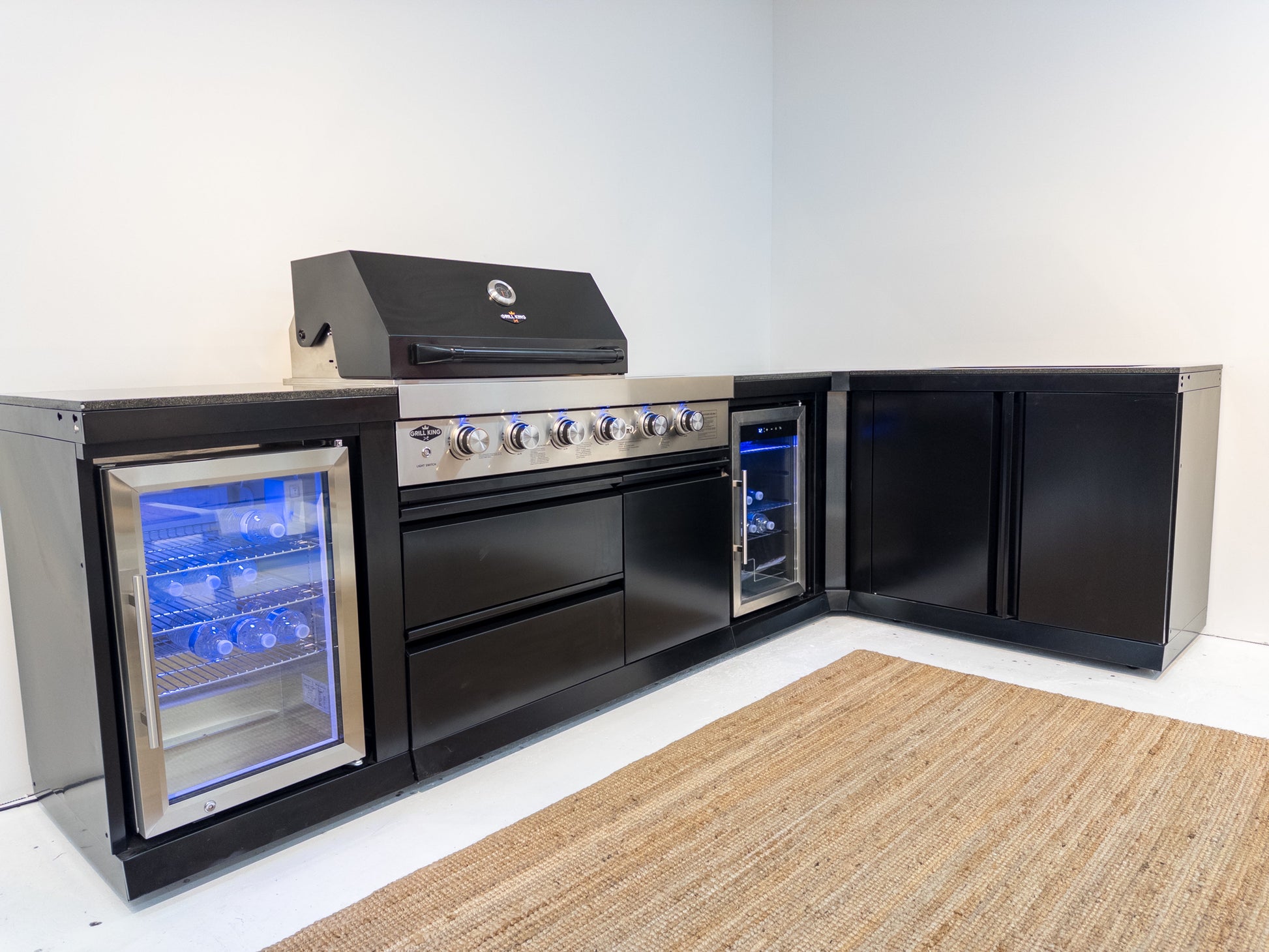 L Shape Black 304SS 4 Burner + Wok BBQ Kitchen Inc Wok & Rear Infrared Burner, Fridge & Sink