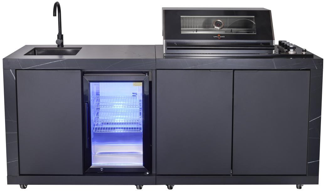 Grill Kings Rockpool Compact 2.1m Outdoor BBQ Kitchen – 4-Burner Grill, Sintered Stone Benchtop, Sink & Fridge