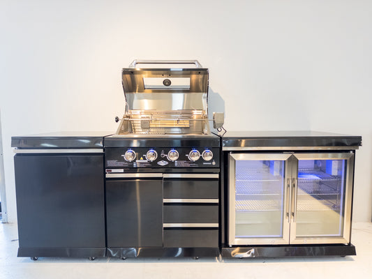 Kingsley 4 Burner Black 304 SS BBQ Kitchen + 2DR Fridge & 1DR Cupboard