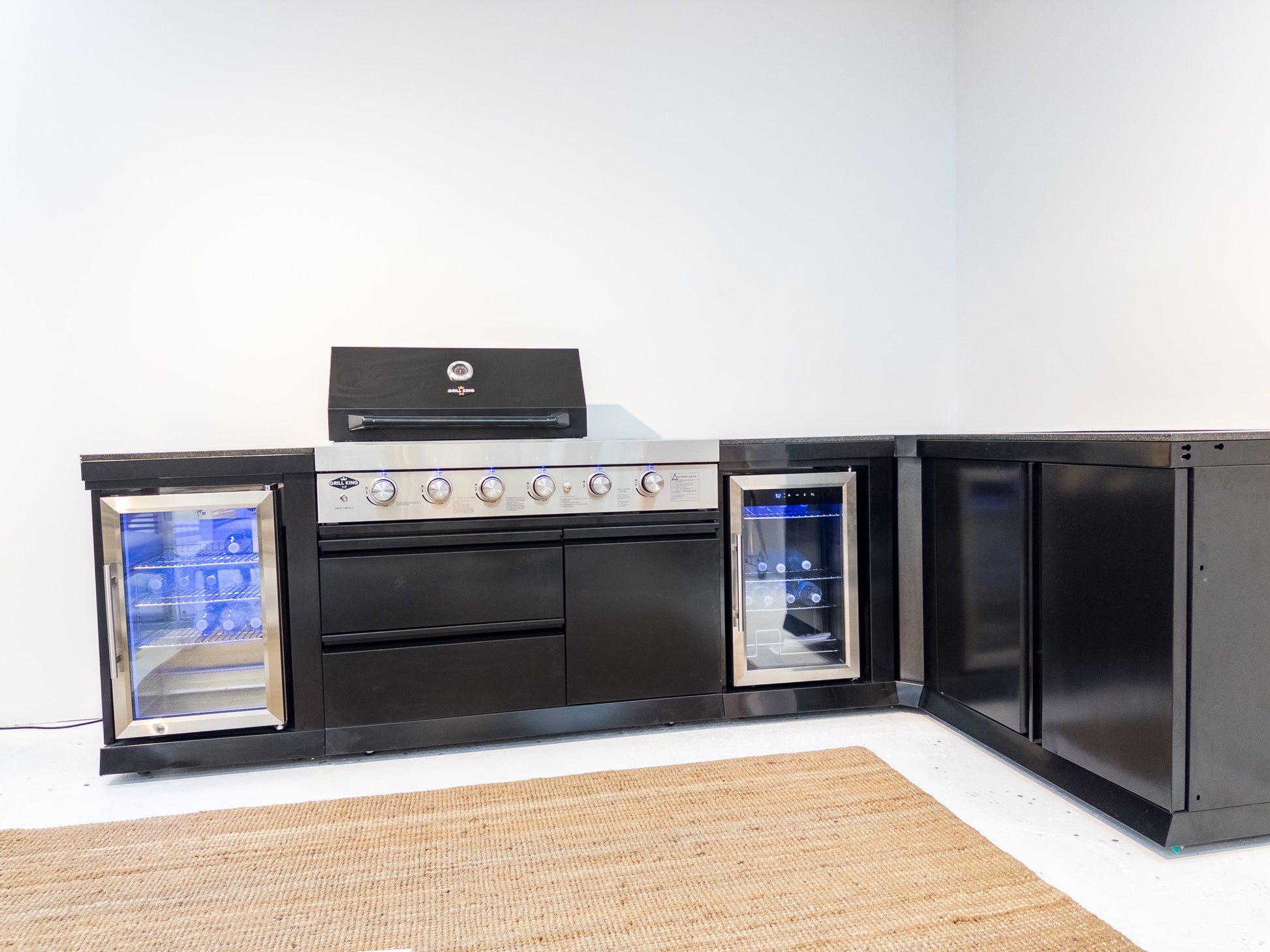L Shape Black 304SS 4 Burner + Wok BBQ Kitchen Inc Wok & Rear Infrared Burner, Fridge & Sink