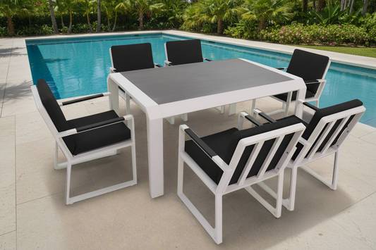 7 Piece Dining Set: White Aluminium Designer Outdoor Living Set