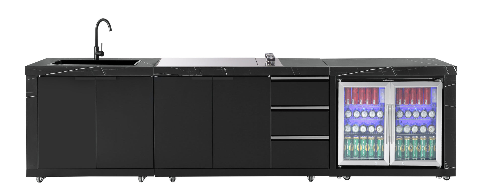 White Stone 4B Drop In BBQ Kitchen Package with Stone Benchtops, Hampton Waterfall Design
