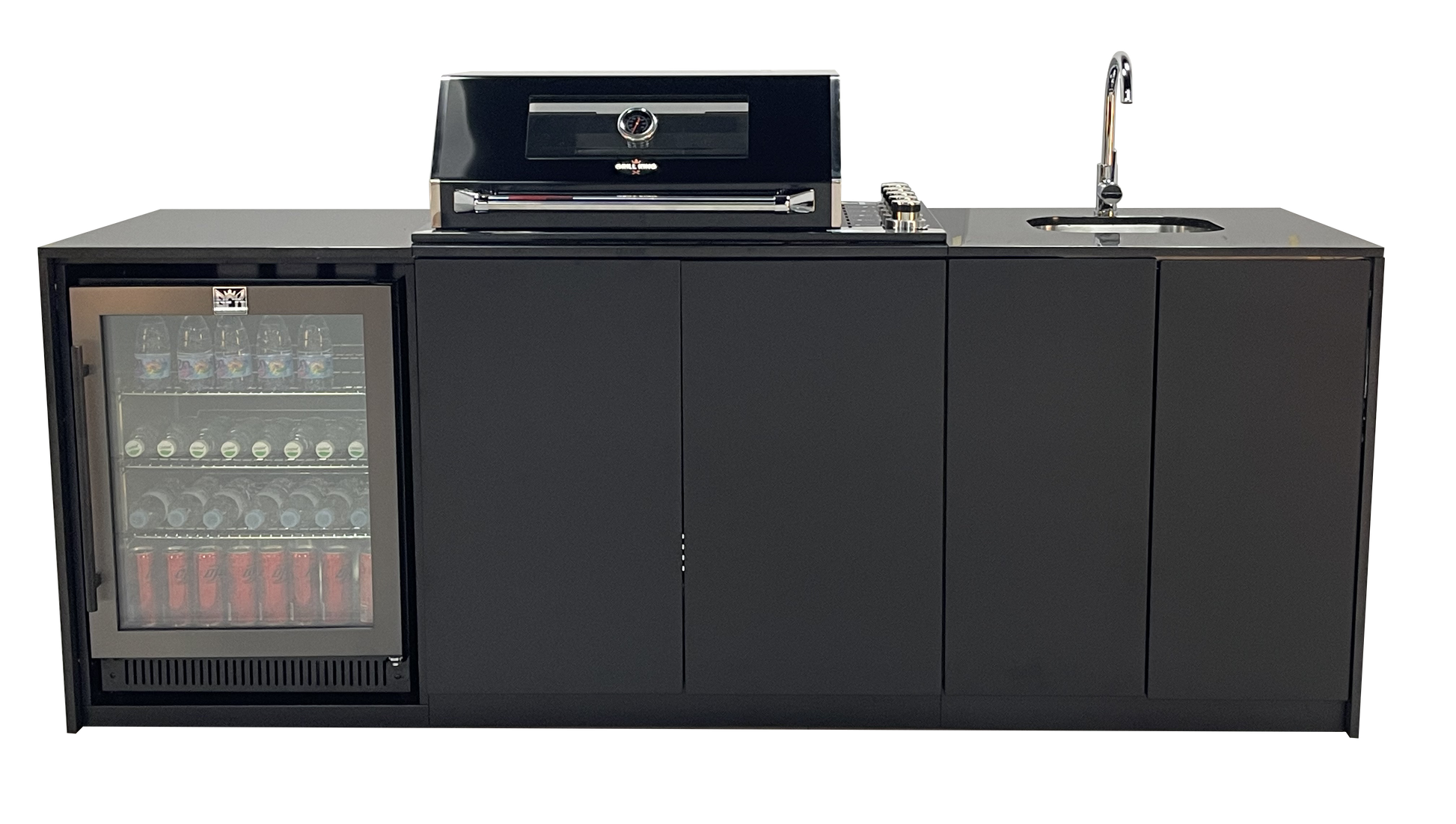 Grill King Signature Series 6 Burner Outdoor BBQ Kitchen Package – Black Stone Benchtop, Black Aluminium Cabinets, Built-In BBQ + Rotisserie