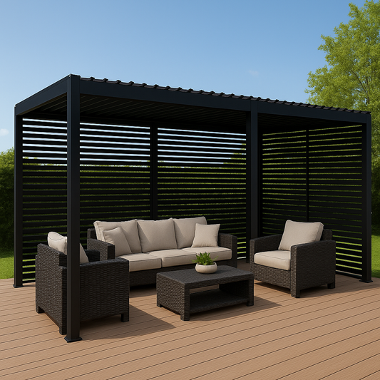 GazeboMate Combo Deal: Charcoal 3.6M x 7.2M Louvered Gazebo + Louvered Side Panel Slat Wall