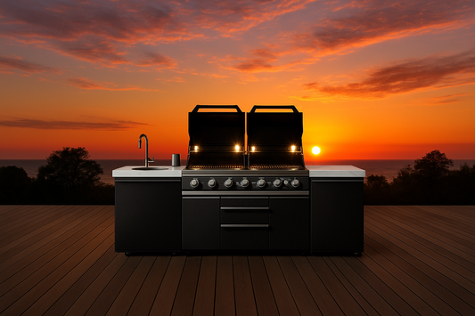 Element Twin Hood 8 Burner Outdoor BBQ Kitchen: High Grade 304 SS + White Stone + 1 Door Sink + 1 Door Storage