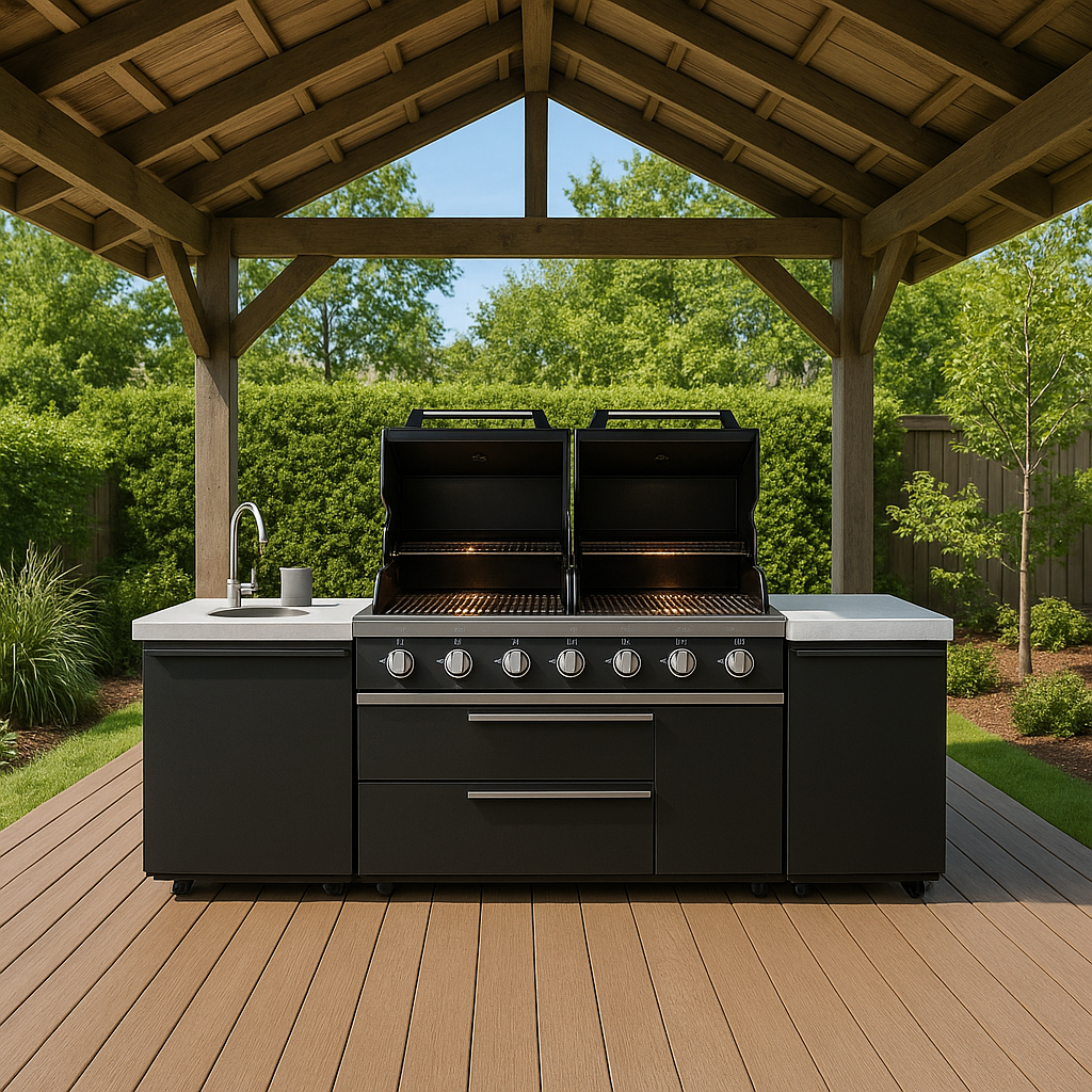 Element Twin Hood 8 Burner Outdoor BBQ Kitchen: High Grade 304 SS + White Stone + 1 Door Sink + 1 Door Storage