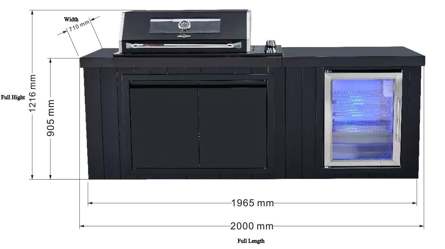 Grill King Signature Outdoor BBQ Kitchen – 4 Burner Built-In BBQ with Bar Fridge | Matte Black Aluminium & Stone Benchtop