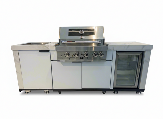 Floor Stock Rockpool White 4B: Designer Outdoor BBQ Kitchen Matt White Stone + White Doors, Fridge & Sink