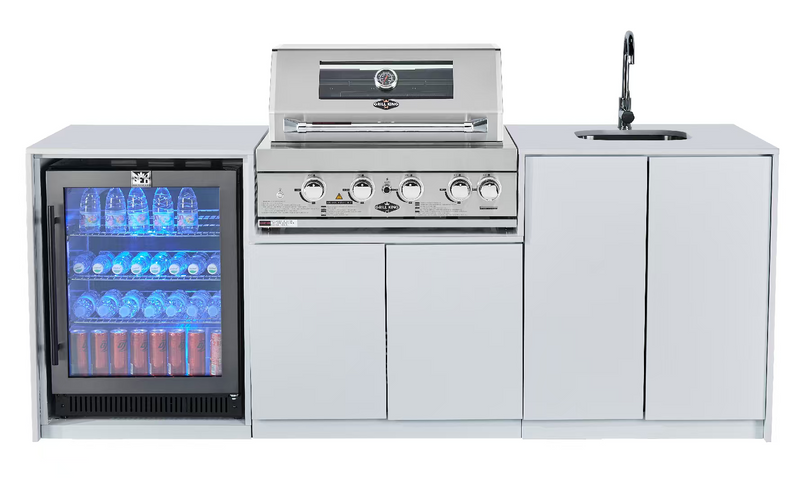 Grill King Signature Series Outdoor BBQ Kitchen Package – Rockpool White Stone Bench-Top, White Aluminium Cabinets | 4-Burner Built-In BBQ + Rotisserie + 150L Outdoor Fridge