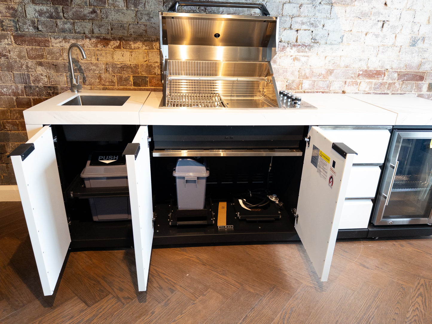 White Stone 4B Drop In BBQ Kitchen Package with Stone Benchtops, Hampton Waterfall Design